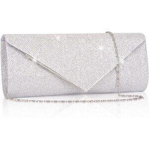 🆕Women Silver Clutch Purses Sparkling Envelope Evening Bag Detachable Chain